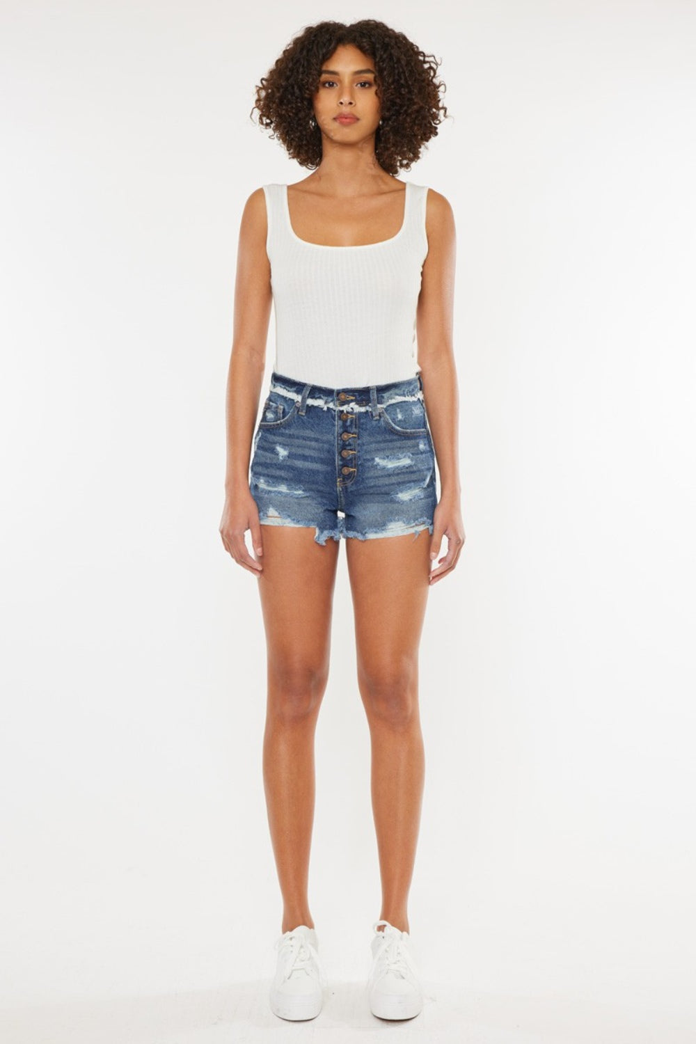 Kancan Distressed Button Fly Denim Shorts - FASHIONNOUVELLE