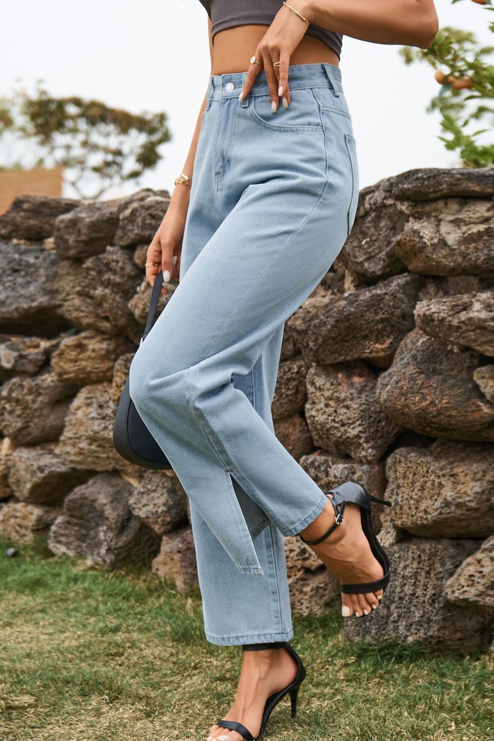 High Waist Loose Fit Ankle Slit Jeans - FASHIONNOUVELLE