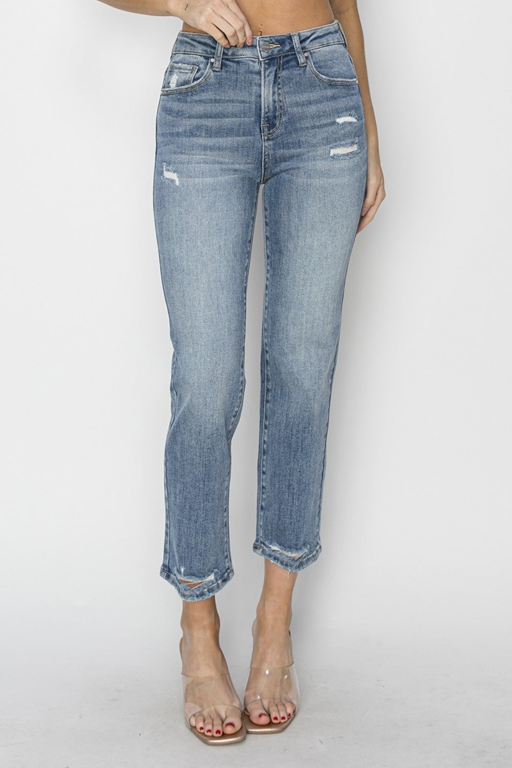 RISEN Full Size High Waist Distressed Cropped Jeans - FASHIONNOUVELLE