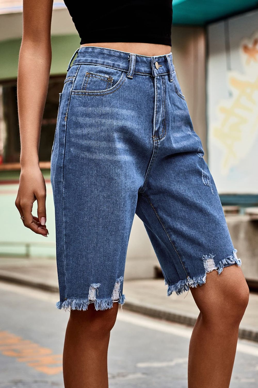 Raw Hem High Waist Denim Shorts with Pockets - FASHIONNOUVELLE