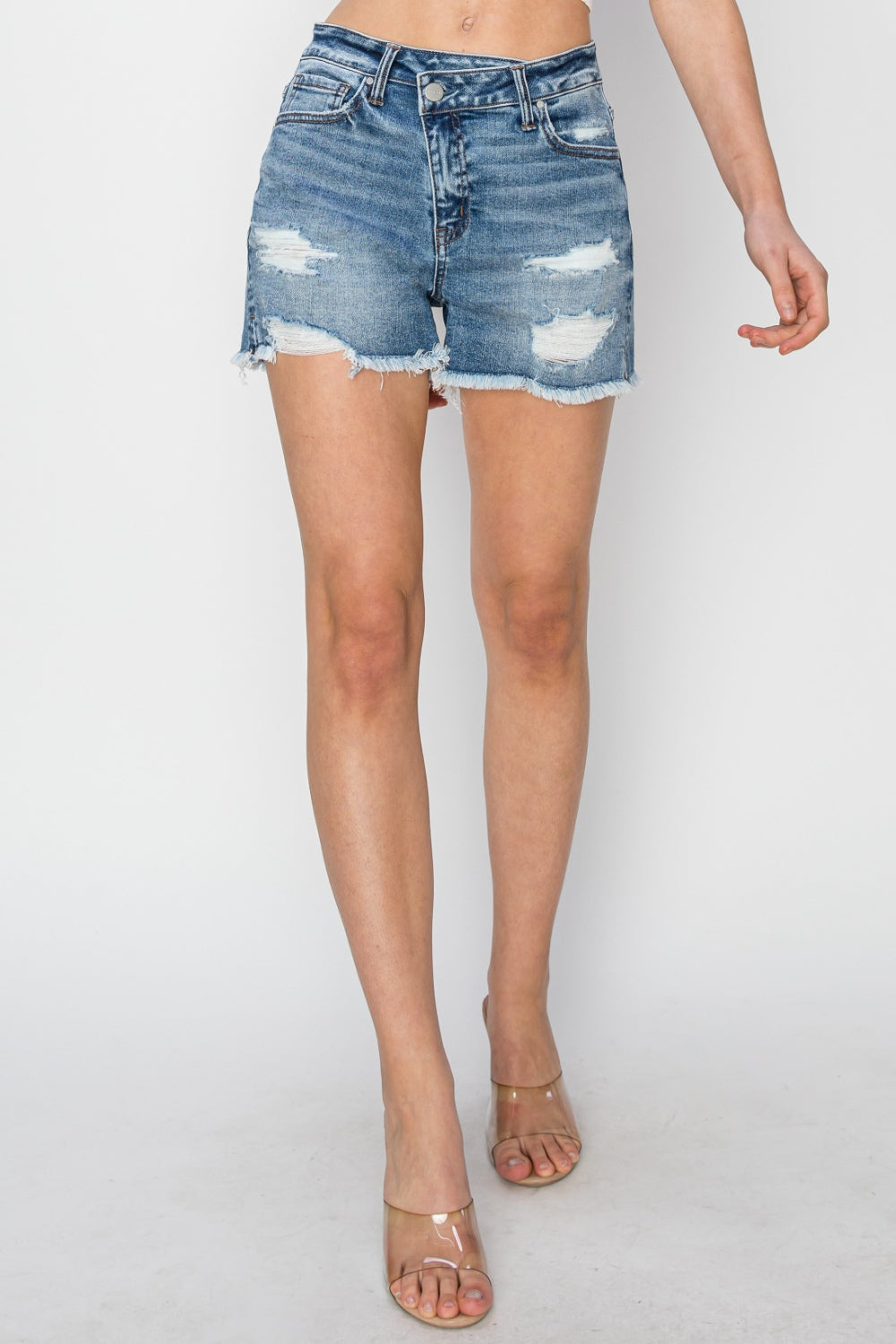 RISEN Stepped Waist Frayed Denim Shorts - FASHIONNOUVELLE