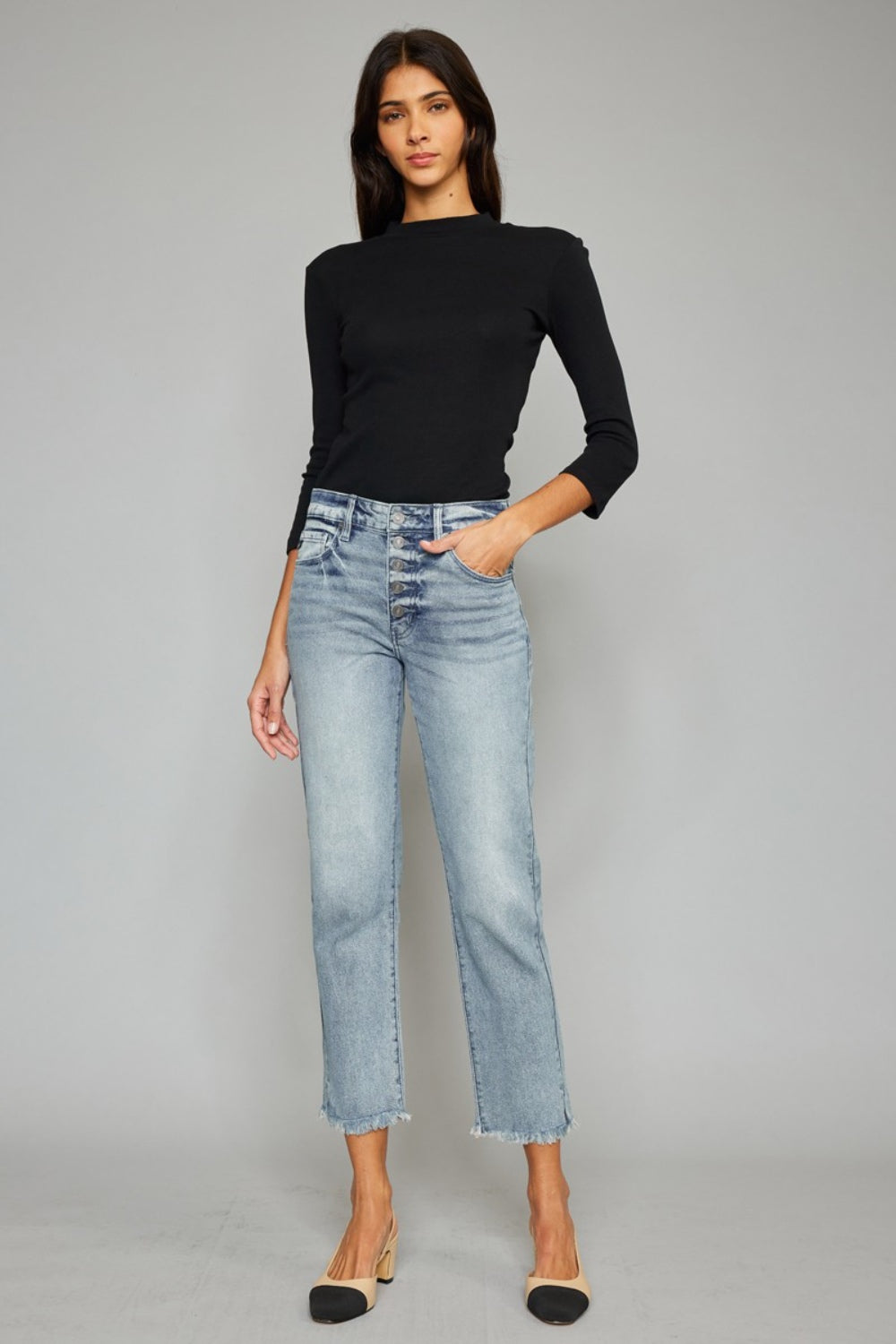 Kancan High Waist Button Fly Raw Hem Cropped Straight Jeans - FASHIONNOUVELLE