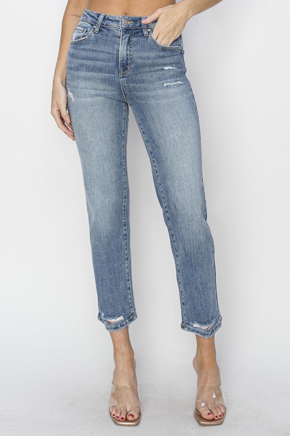 RISEN Full Size High Waist Distressed Cropped Jeans - FASHIONNOUVELLE