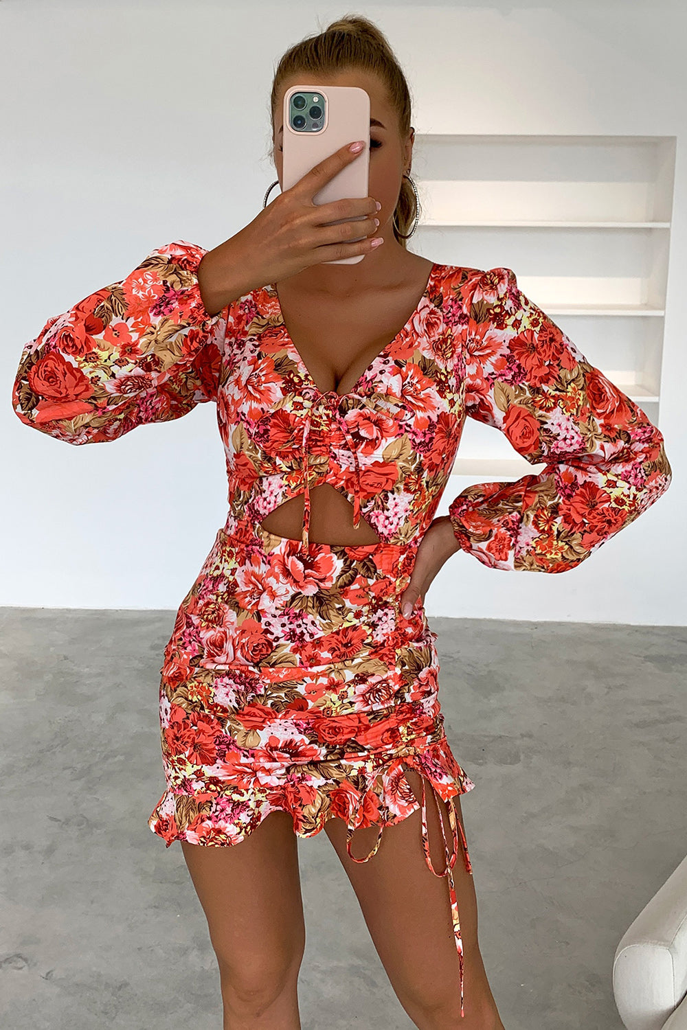 Floral Cutout Long Sleeve Mini Dress - FASHIONNOUVELLE