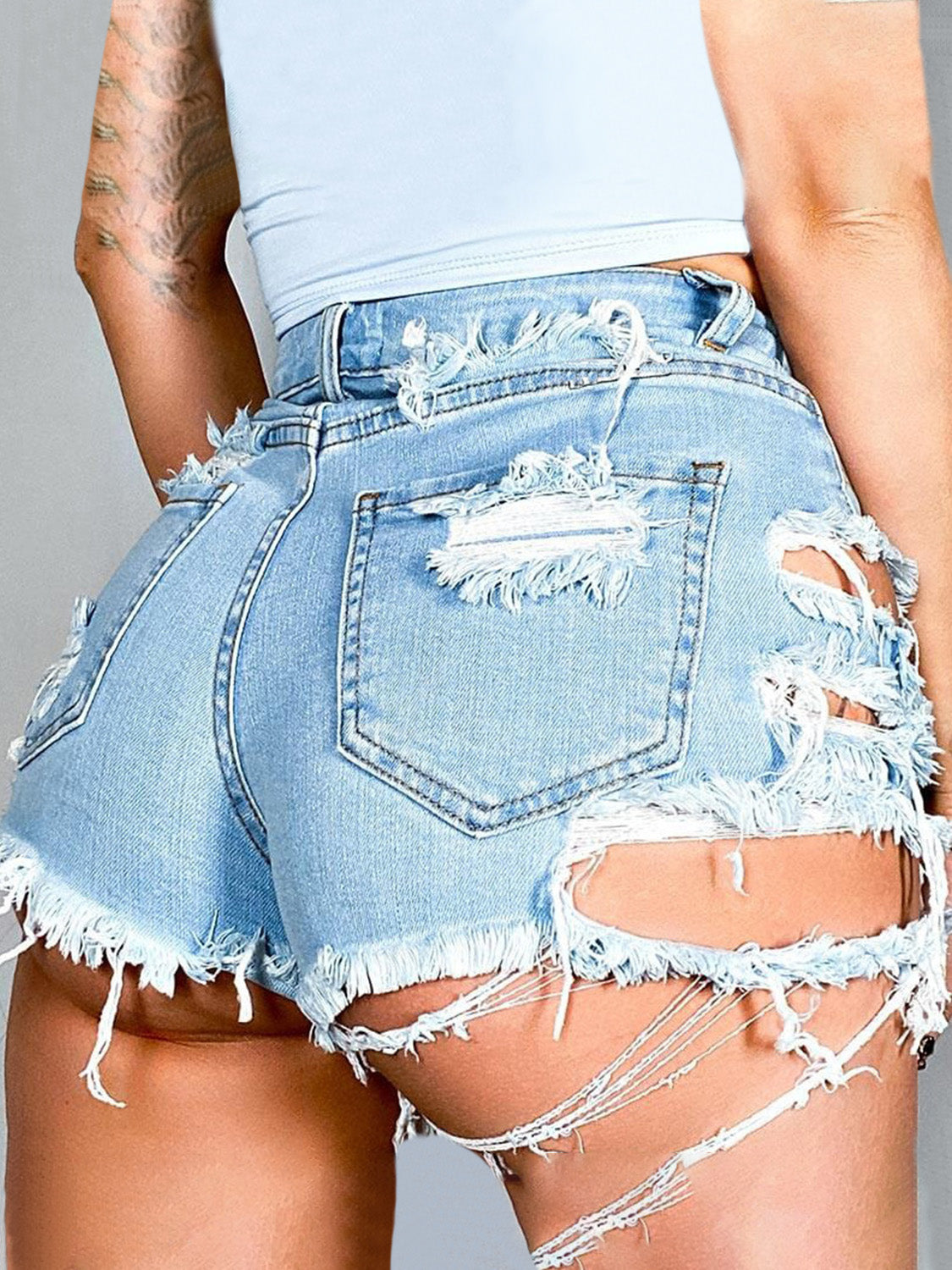 Distressed Raw Hem Denim Shorts with Pockets - FASHIONNOUVELLE