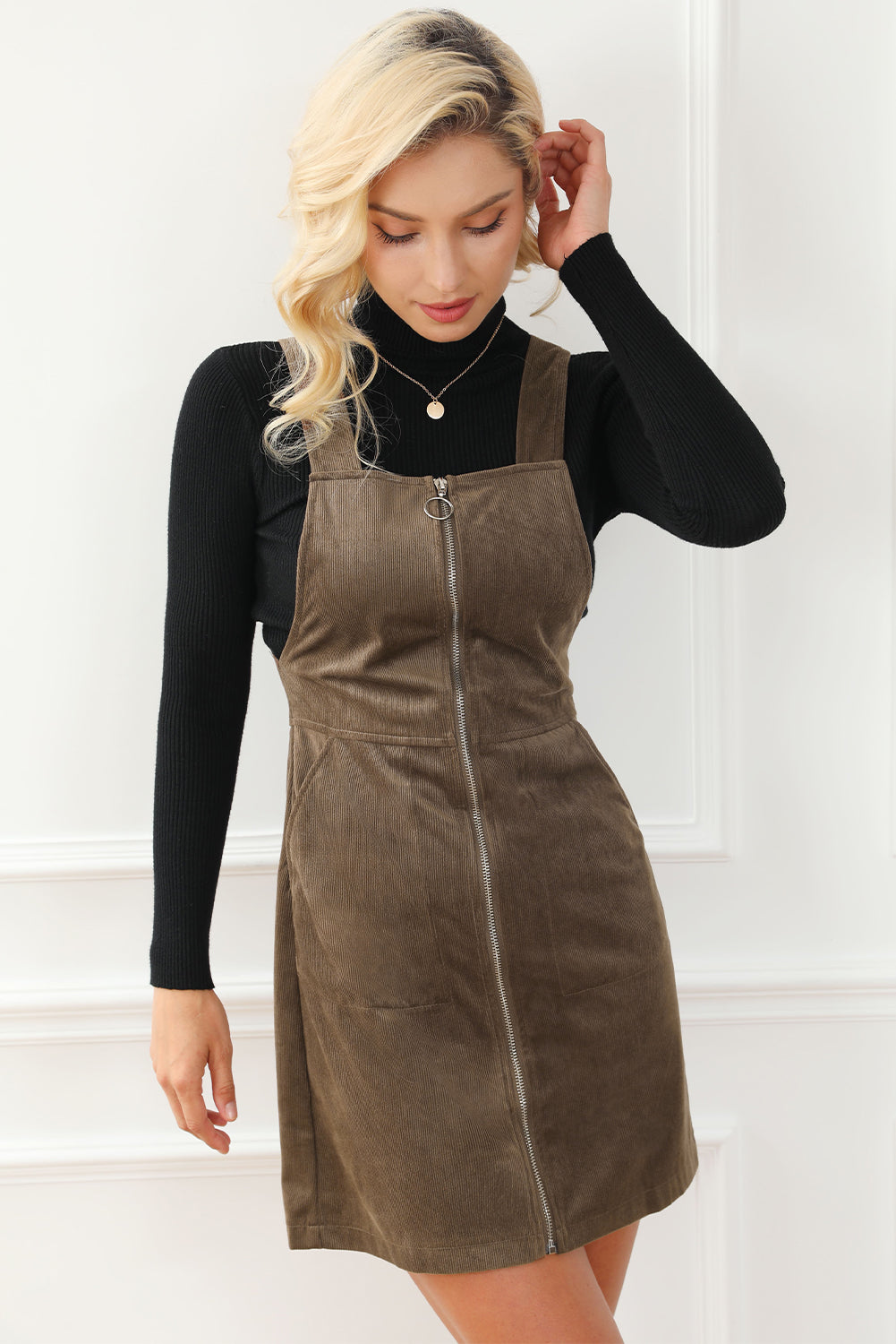 Pocketed Zip Up Wide Strap Mini Dress - FASHIONNOUVELLE