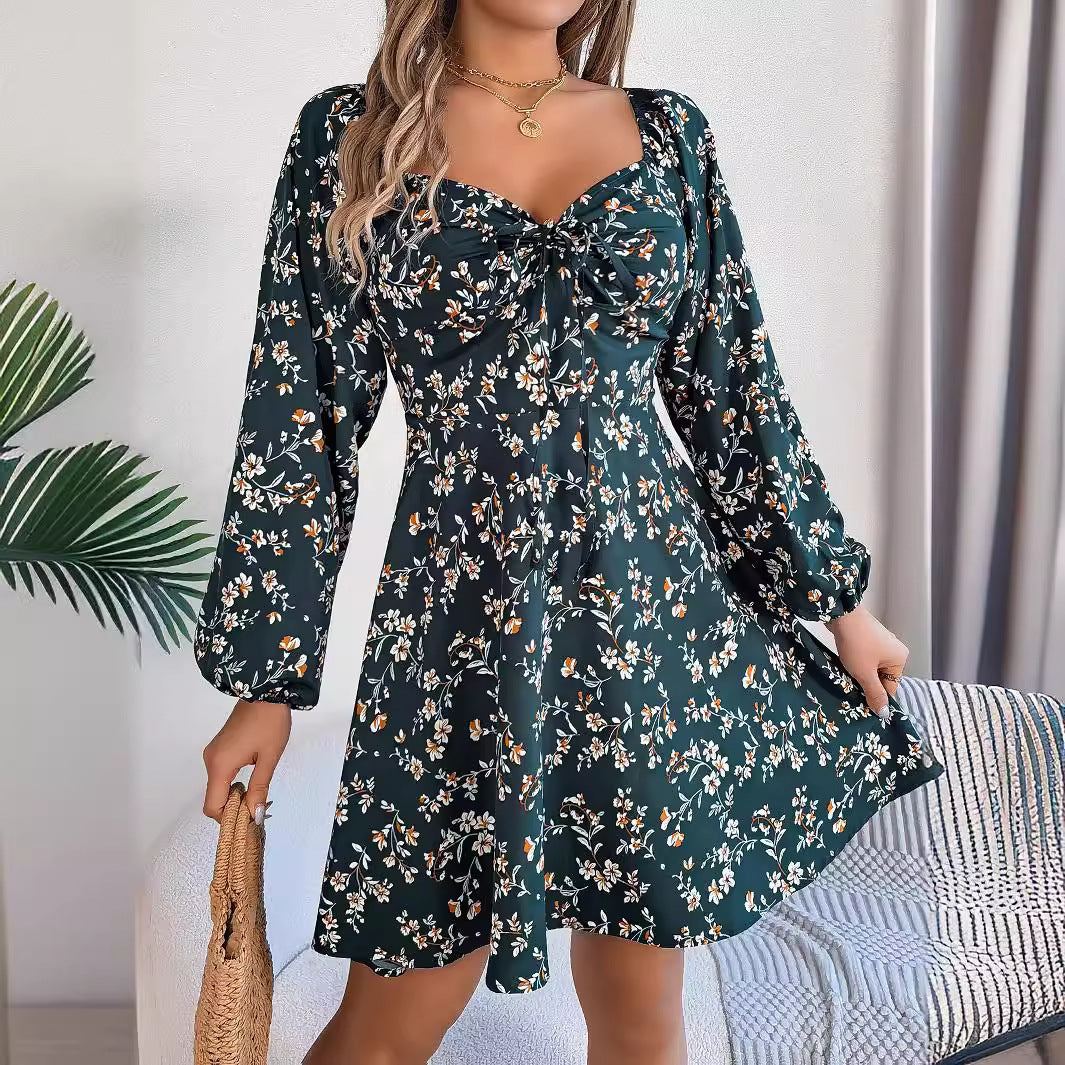 Fashion Floral Print Lantern Sleeve Dress Casual Sexy