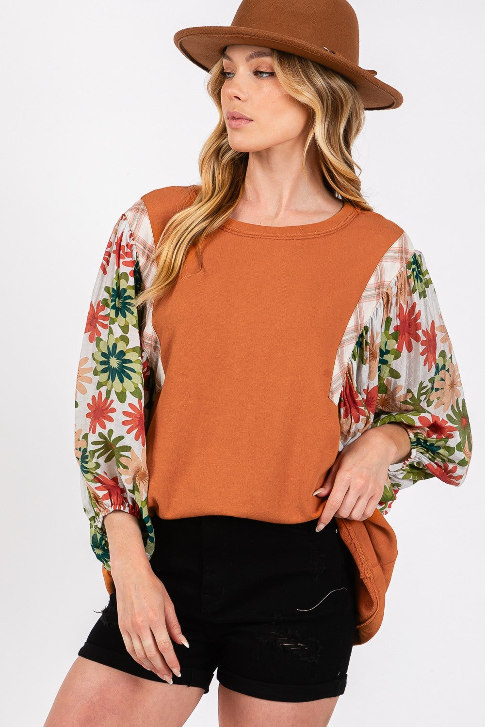 SAGE + FIG Full Size Printed Balloon Sleeve Contrast Top