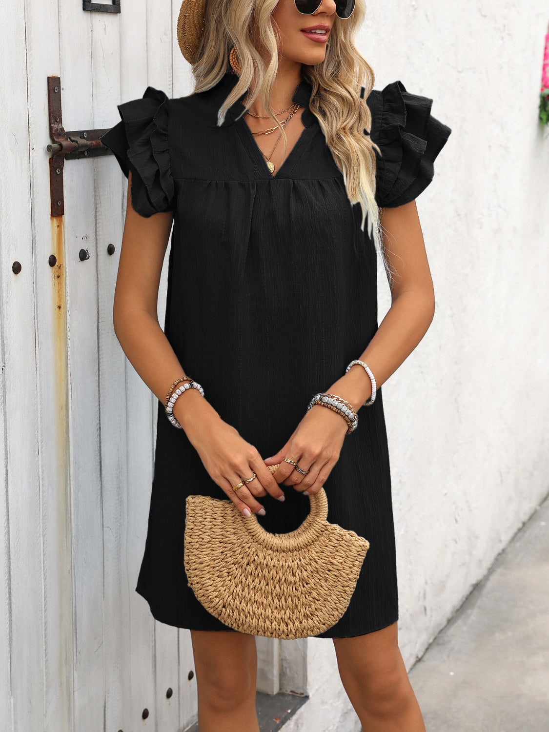 Ruffled Notched Cap Sleeve Mini Dress - FASHIONNOUVELLE