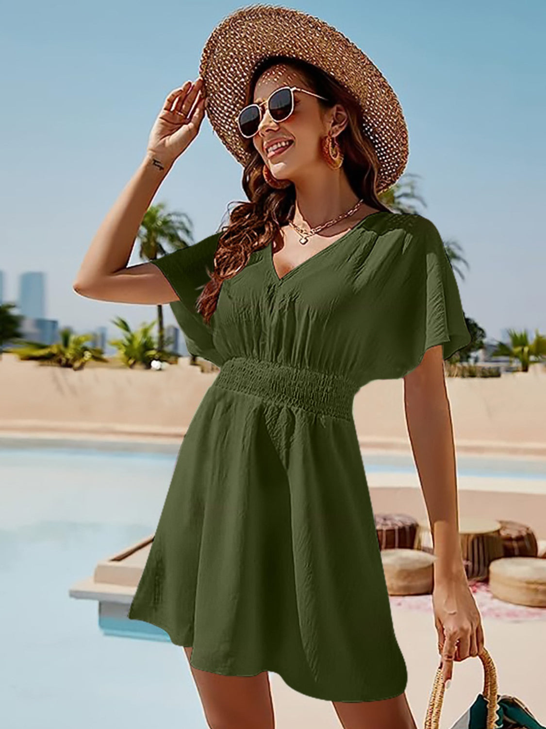 Smocked V-Neck Short Sleeve Dress - FASHIONNOUVELLE