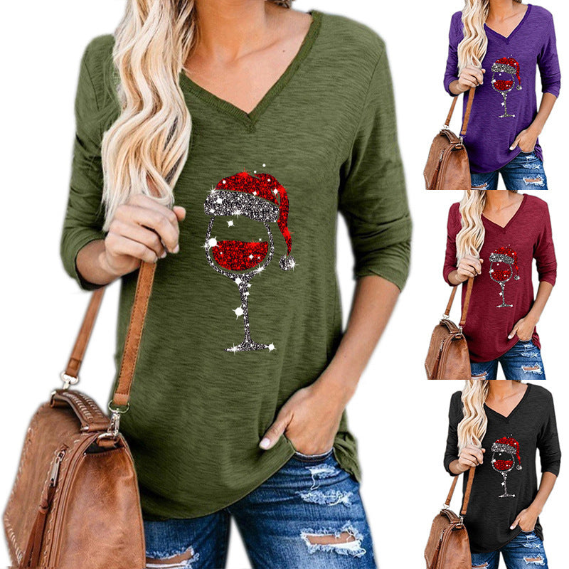 Christmas Wine Glass Print Plus Size Women Clothing