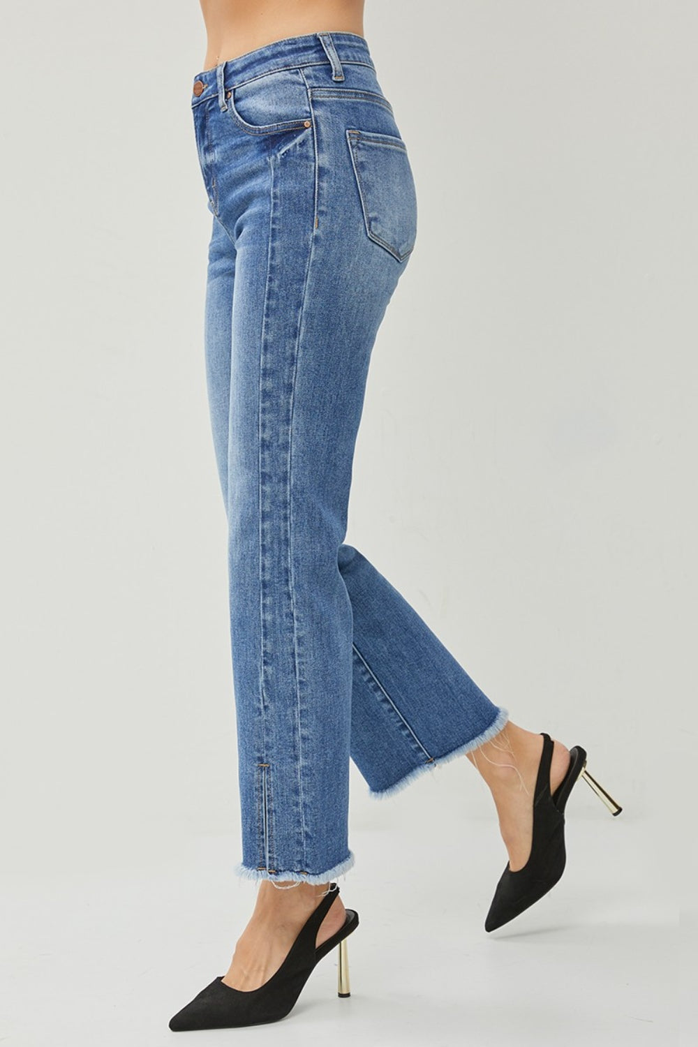 RISEN High Waist Raw Hem Slit Straight Jeans - FASHIONNOUVELLE