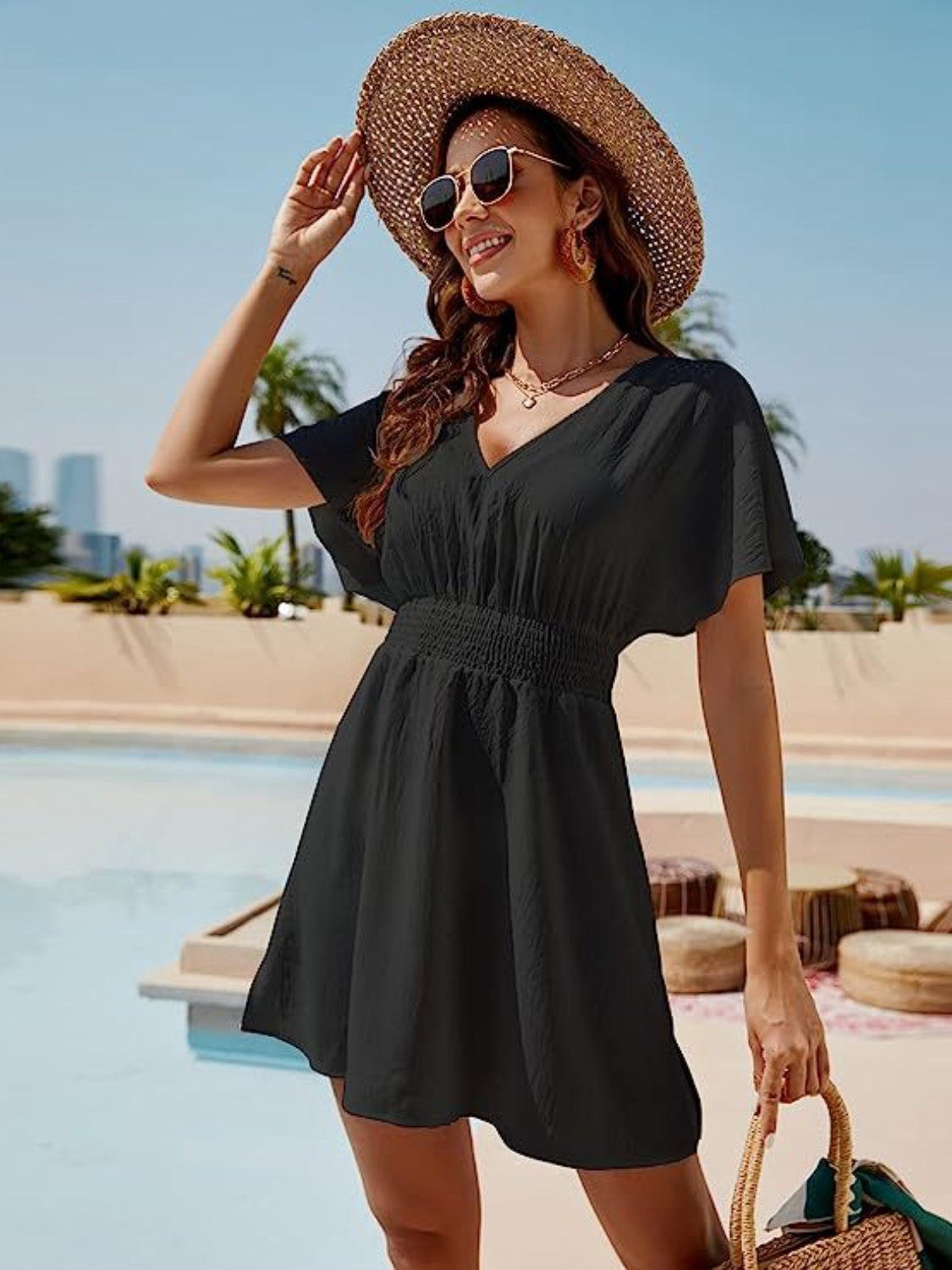 Smocked V-Neck Short Sleeve Dress - FASHIONNOUVELLE