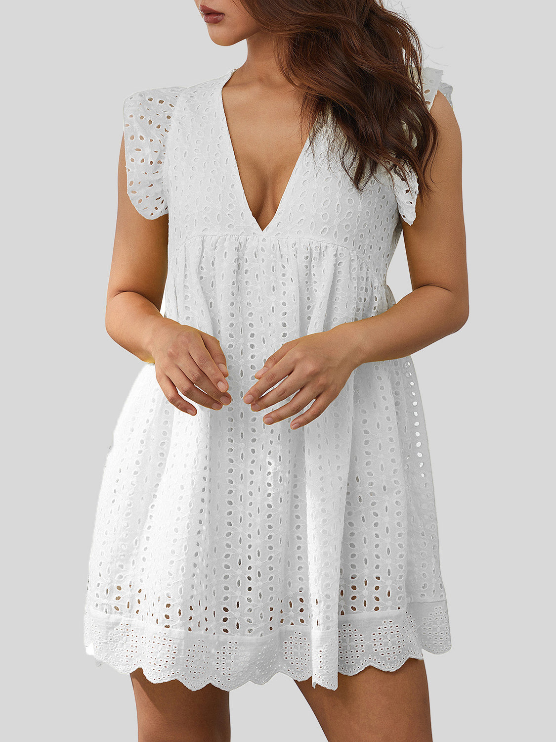 Ruffled Eyelet Cap Sleeve Mini Dress - FASHIONNOUVELLE