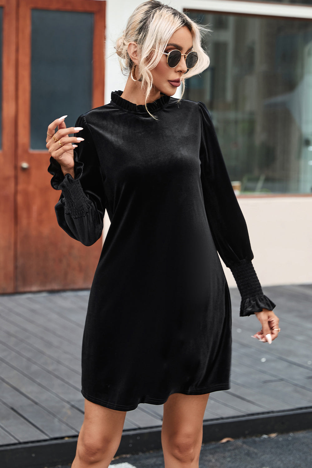 Round Neck Smocked Long Sleeve Mini Dress - FASHIONNOUVELLE