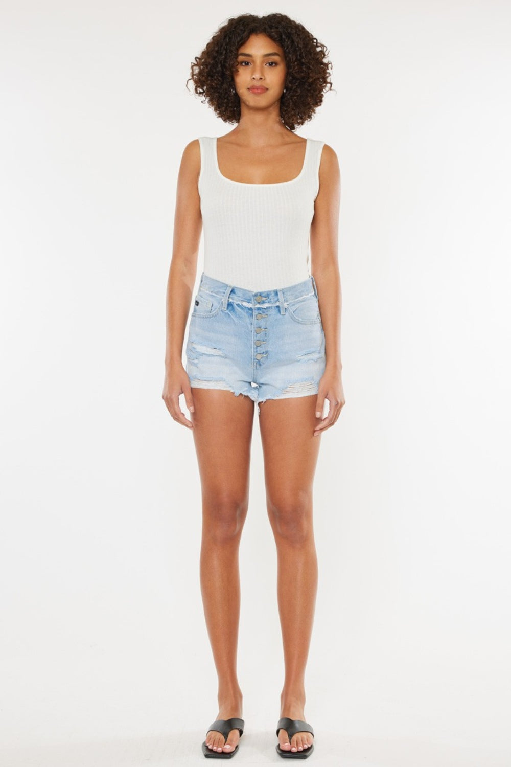 Kancan Distressed Button Fly Denim Shorts - FASHIONNOUVELLE