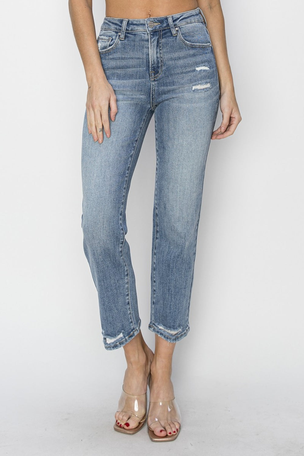 RISEN Full Size High Waist Distressed Cropped Jeans - FASHIONNOUVELLE