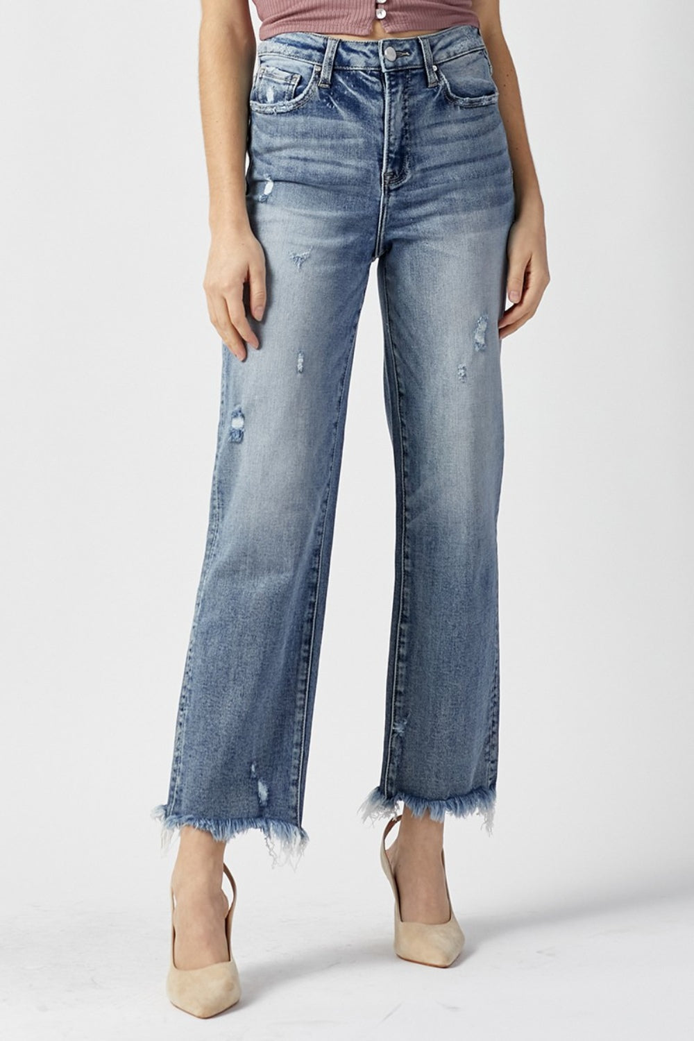 RISEN High Waist Raw Hem Straight Jeans - FASHIONNOUVELLE