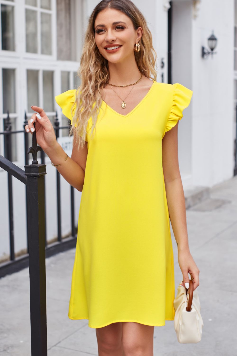 Ruffled V-Neck Flutter Sleeve Dress - FASHIONNOUVELLE