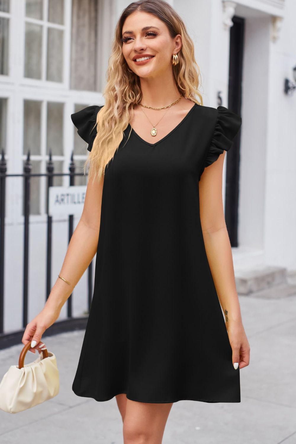 Ruffled V-Neck Flutter Sleeve Dress - FASHIONNOUVELLE