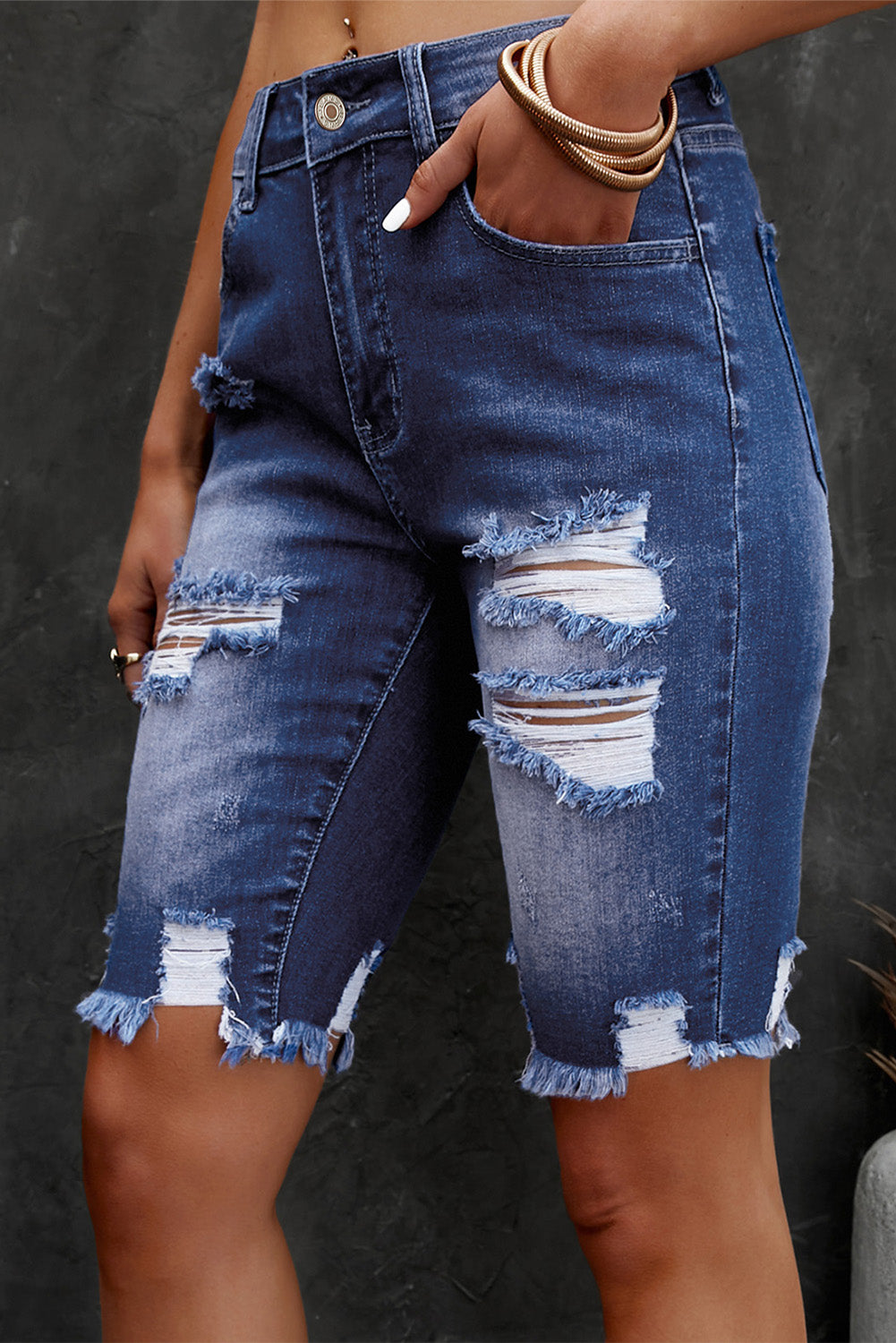 Distressed Frayed Hem Denim Bermuda Shorts - FASHIONNOUVELLE