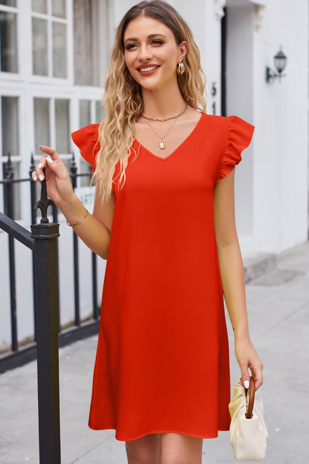 Ruffled V-Neck Flutter Sleeve Dress - FASHIONNOUVELLE