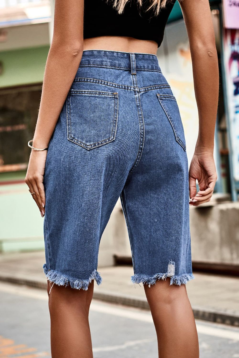 Raw Hem High Waist Denim Shorts with Pockets - FASHIONNOUVELLE