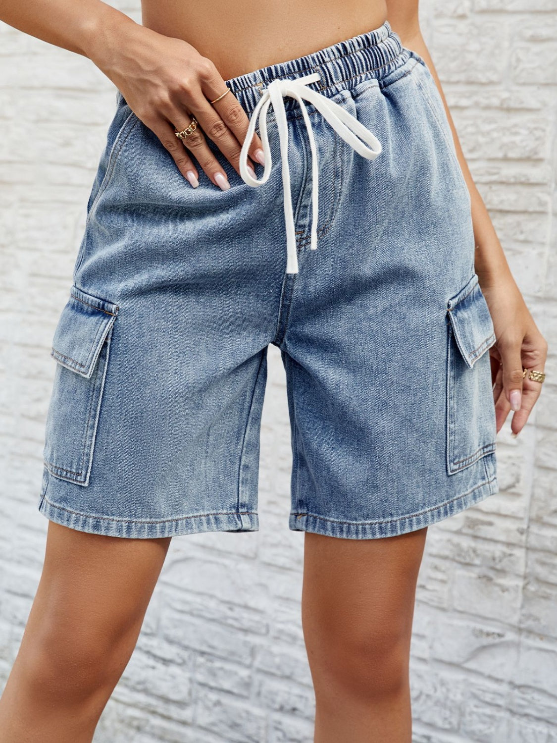 Drawstring Denim Shorts with Pockets - FASHIONNOUVELLE