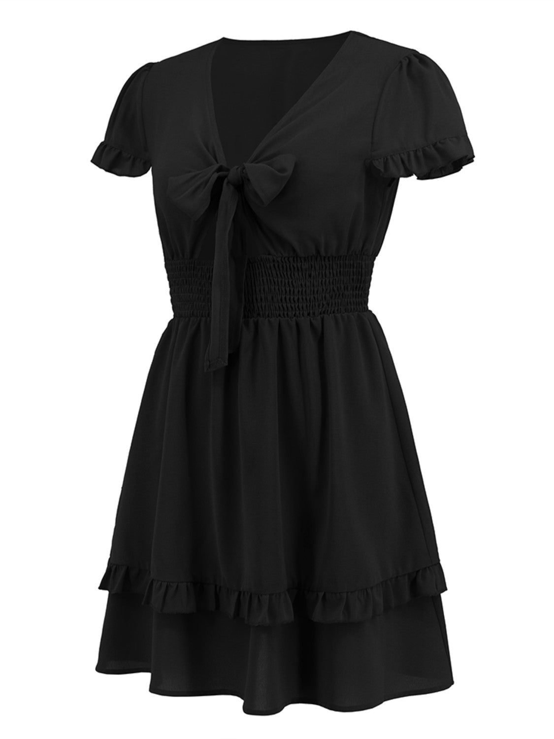 Tied V-Neck Tiered Mini Dress - FASHIONNOUVELLE