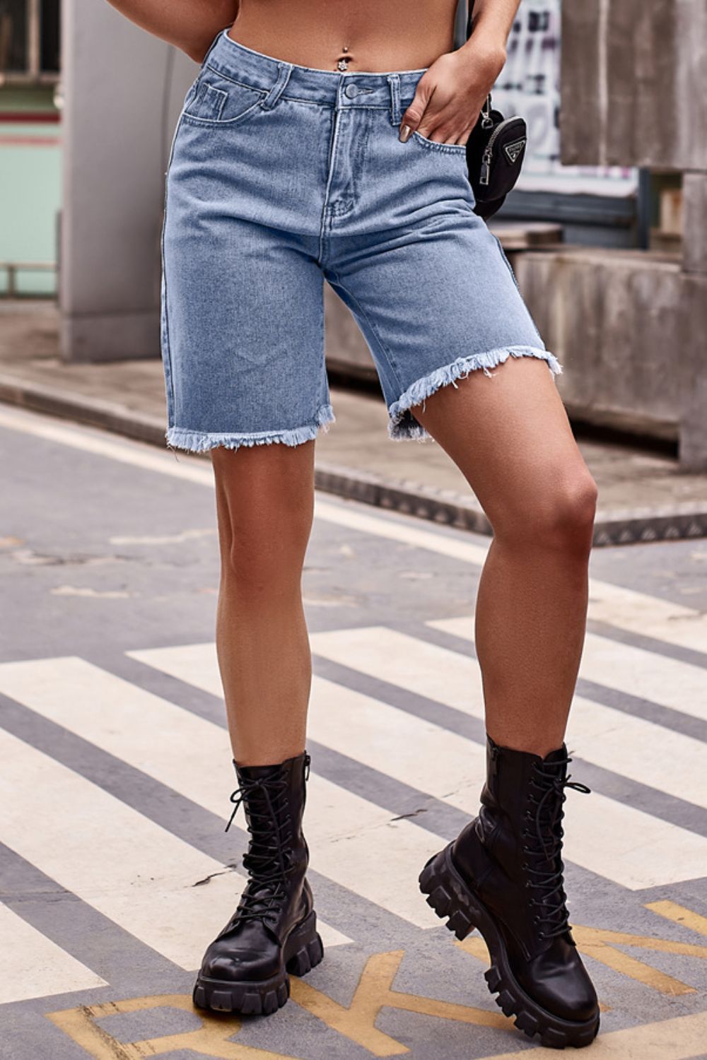 Raw Hem Denim Shorts with Pockets - FASHIONNOUVELLE