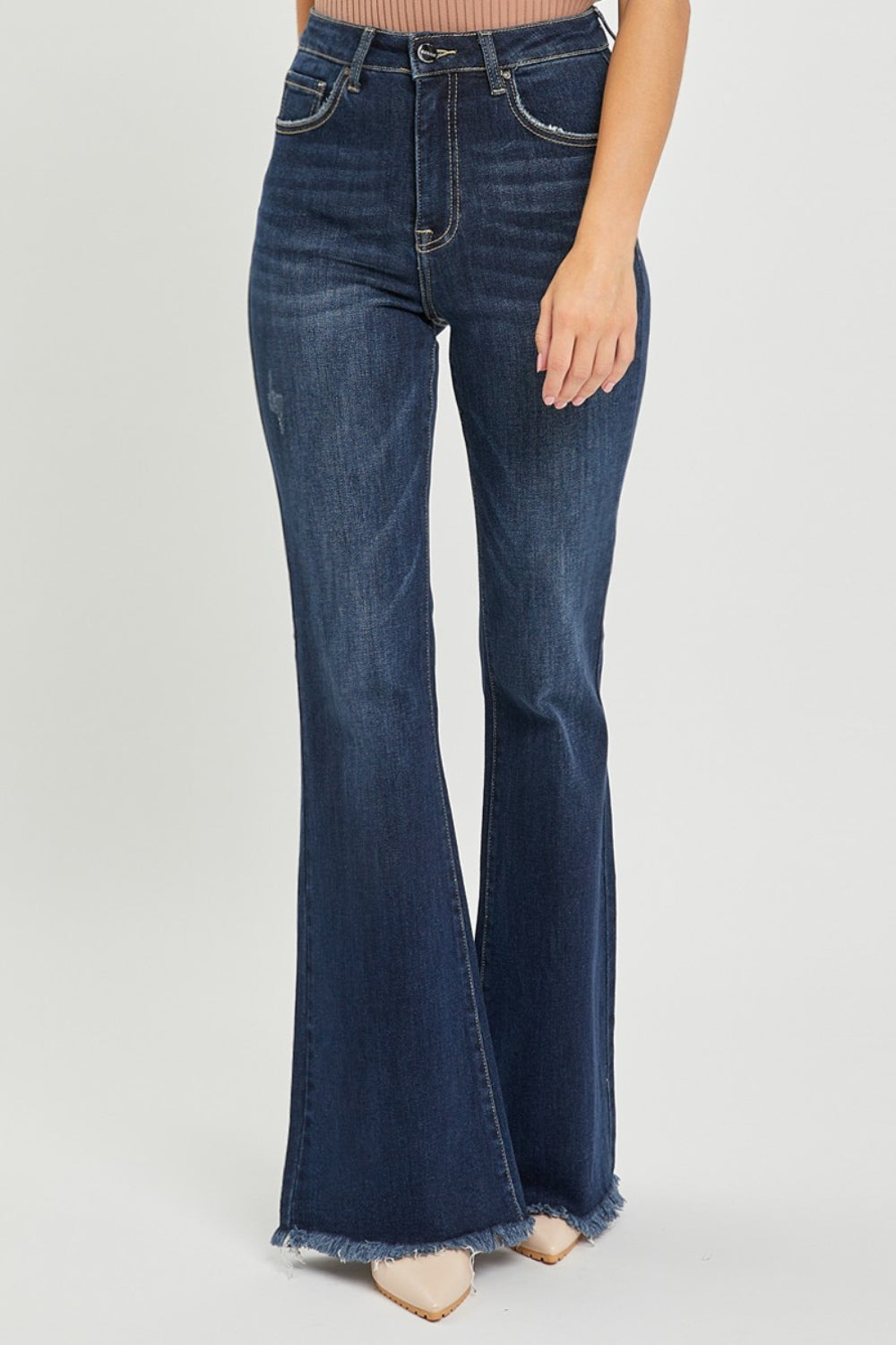 RISEN High Waist Raw Hem Flare Jeans - FASHIONNOUVELLE