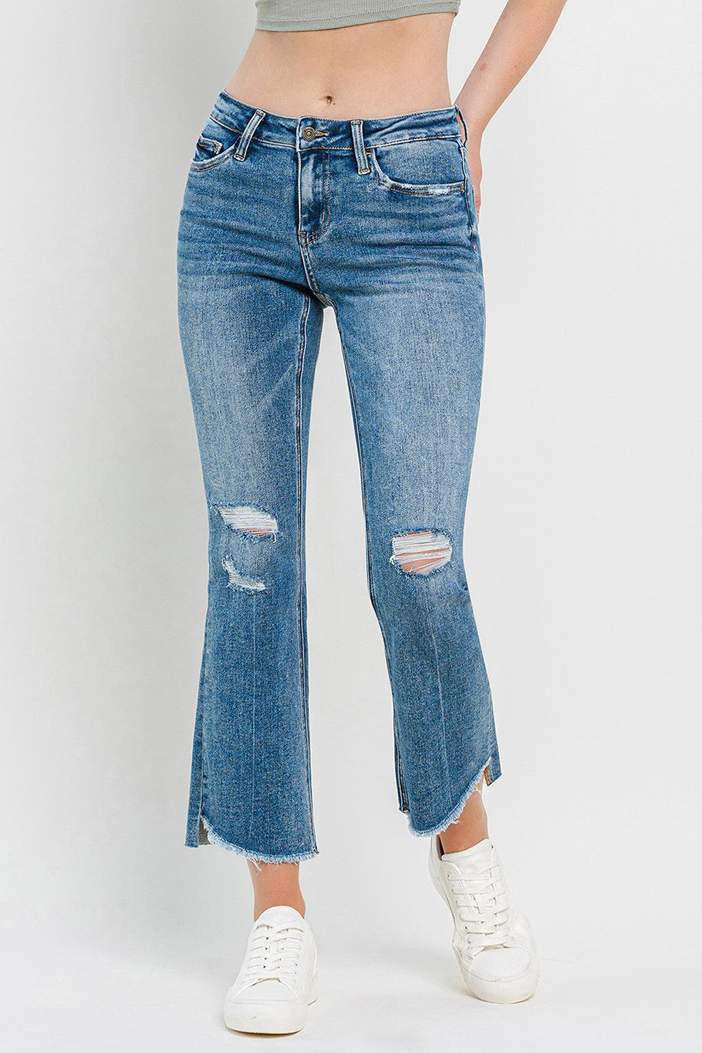 Vervet by Flying Monkey Full Size Mid Rise Distressed Cropped Flare Jeans - FASHIONNOUVELLE