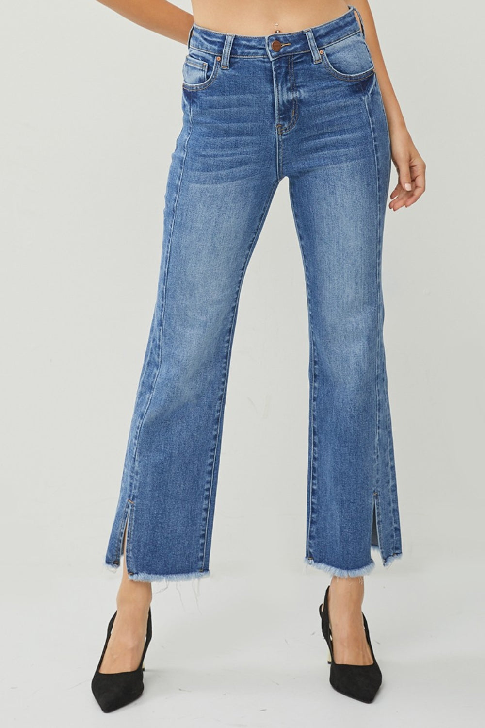 RISEN High Waist Raw Hem Slit Straight Jeans - FASHIONNOUVELLE