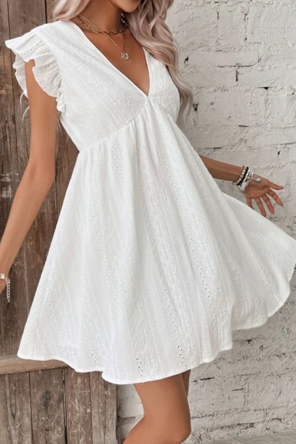 Eyelet Ruffled Cap Sleeve Mini Dress - FASHIONNOUVELLE