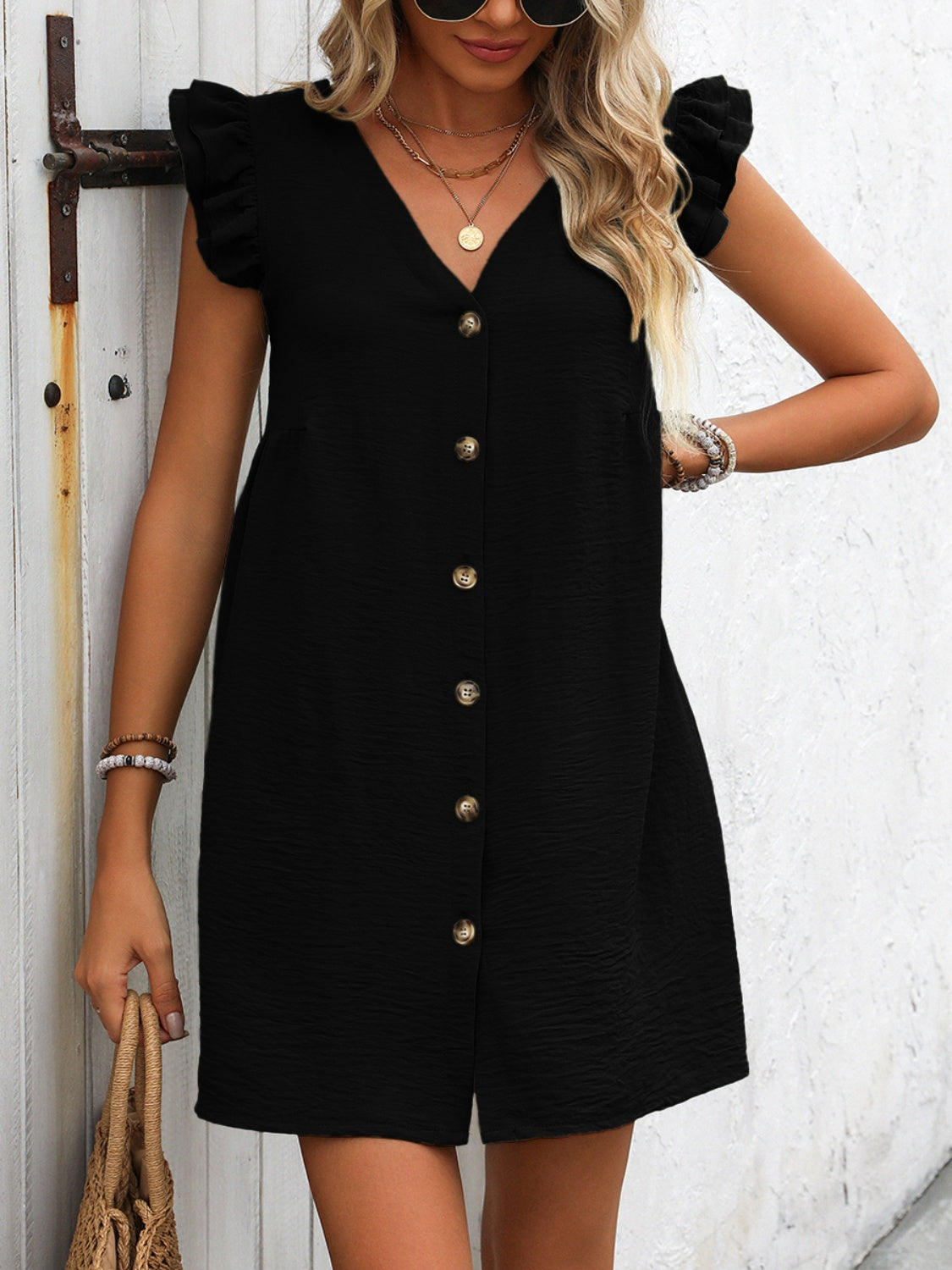 Button Up V-Neck Cap Sleeve Mini Dress - FASHIONNOUVELLE