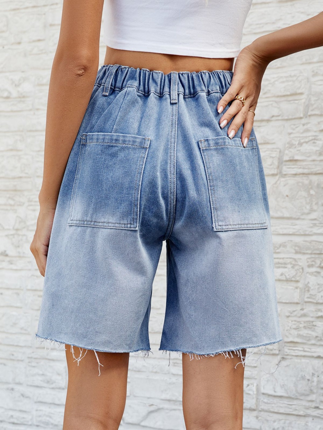 Buttoned Raw Hem Denim Shorts with Pockets - FASHIONNOUVELLE