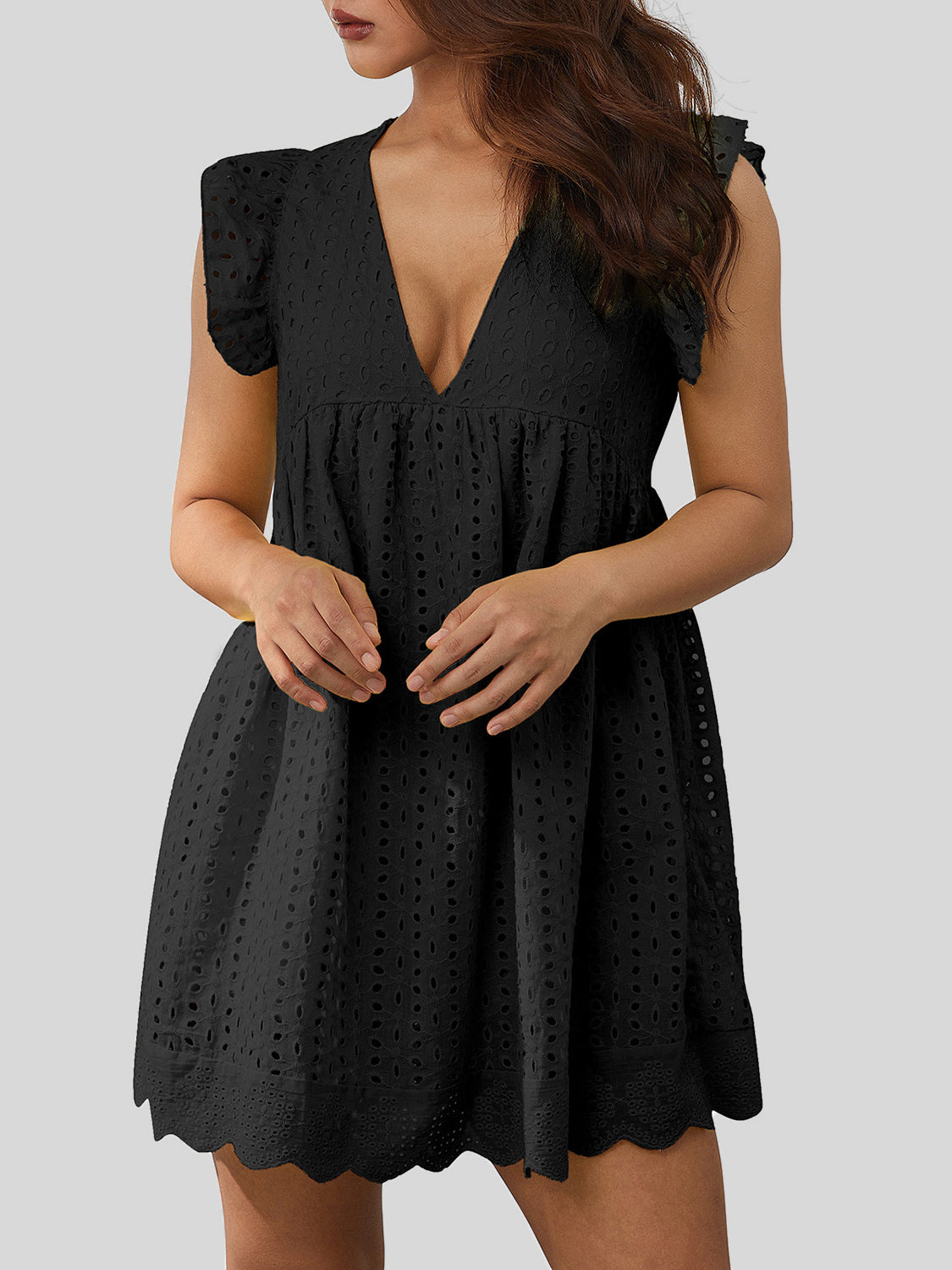 Ruffled Eyelet Cap Sleeve Mini Dress - FASHIONNOUVELLE