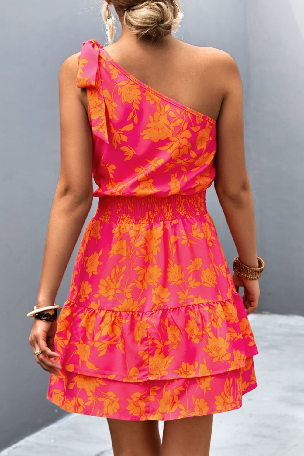 Tied Smocked Printed Single Shoulder Dress - FASHIONNOUVELLE