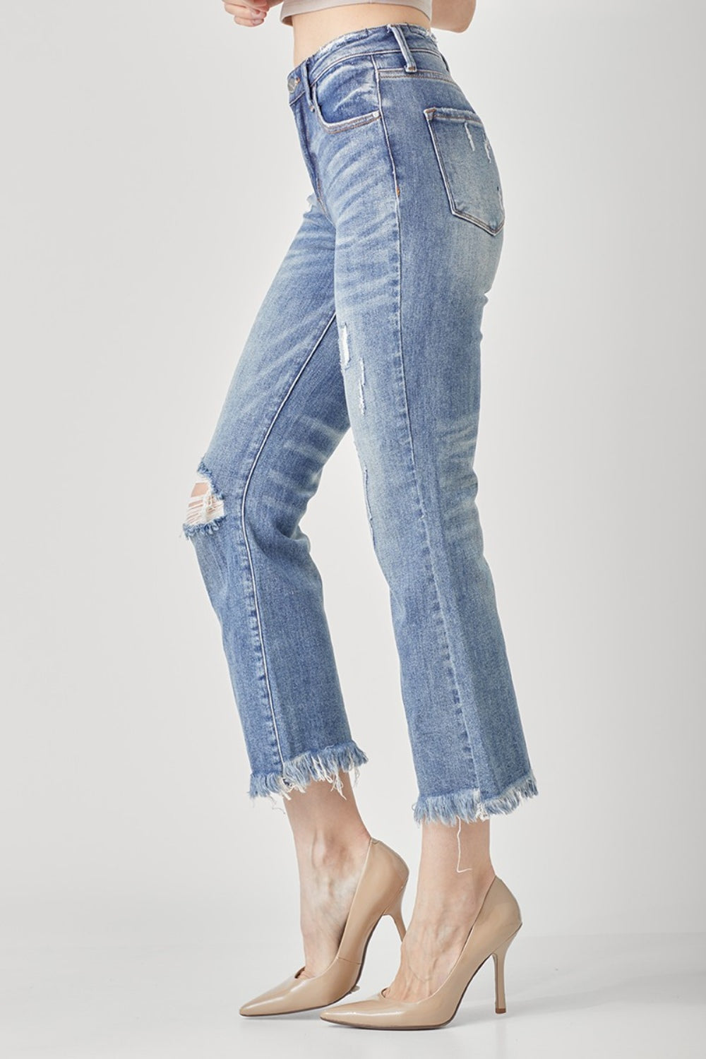 RISEN High Waist Distressed Cropped Bootcut Jeans - FASHIONNOUVELLE