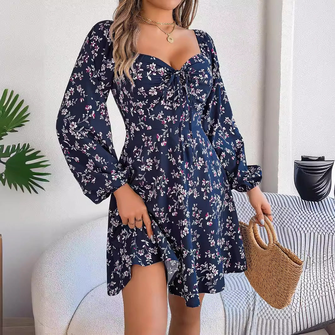 Fashion Floral Print Lantern Sleeve Dress Casual Sexy