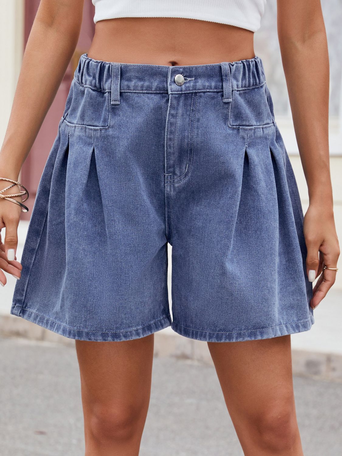 Ruched Half Elastic Waist Denim Shorts - FASHIONNOUVELLE