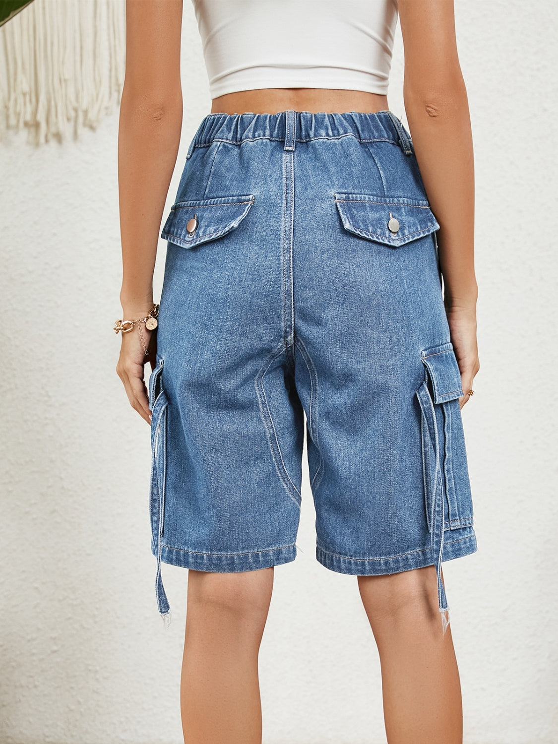 Buttoned Elastic Waist Denim Shorts with Pockets - FASHIONNOUVELLE