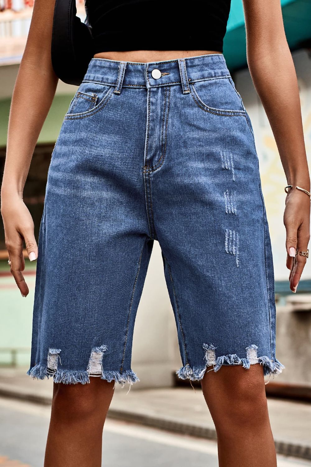 Raw Hem High Waist Denim Shorts with Pockets - FASHIONNOUVELLE