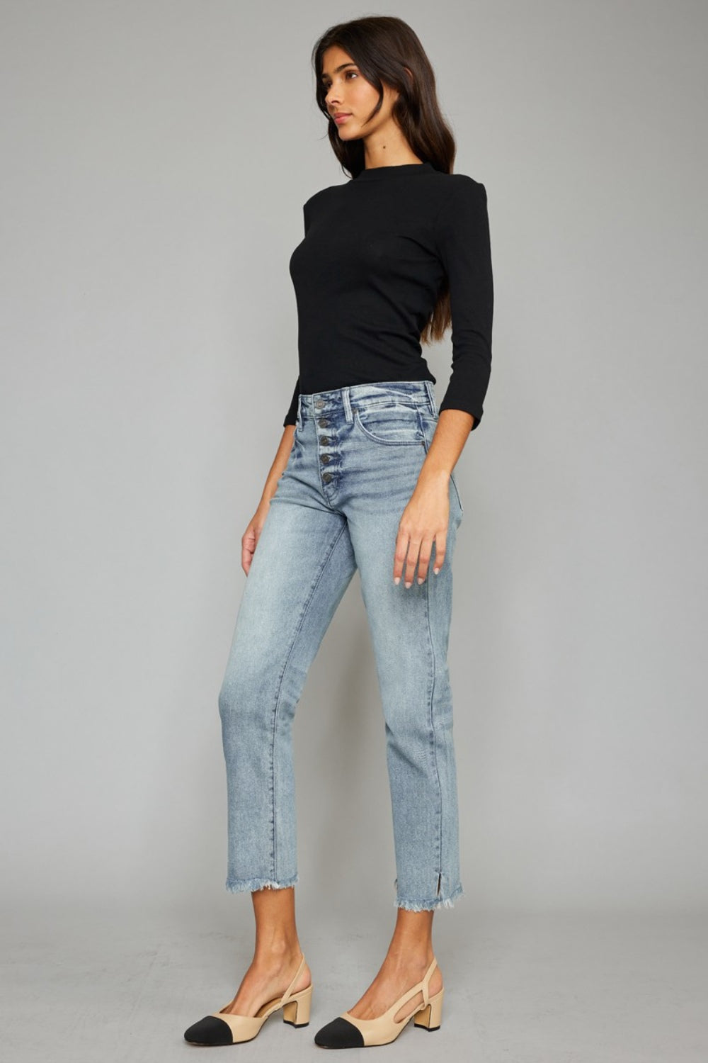 Kancan High Waist Button Fly Raw Hem Cropped Straight Jeans - FASHIONNOUVELLE