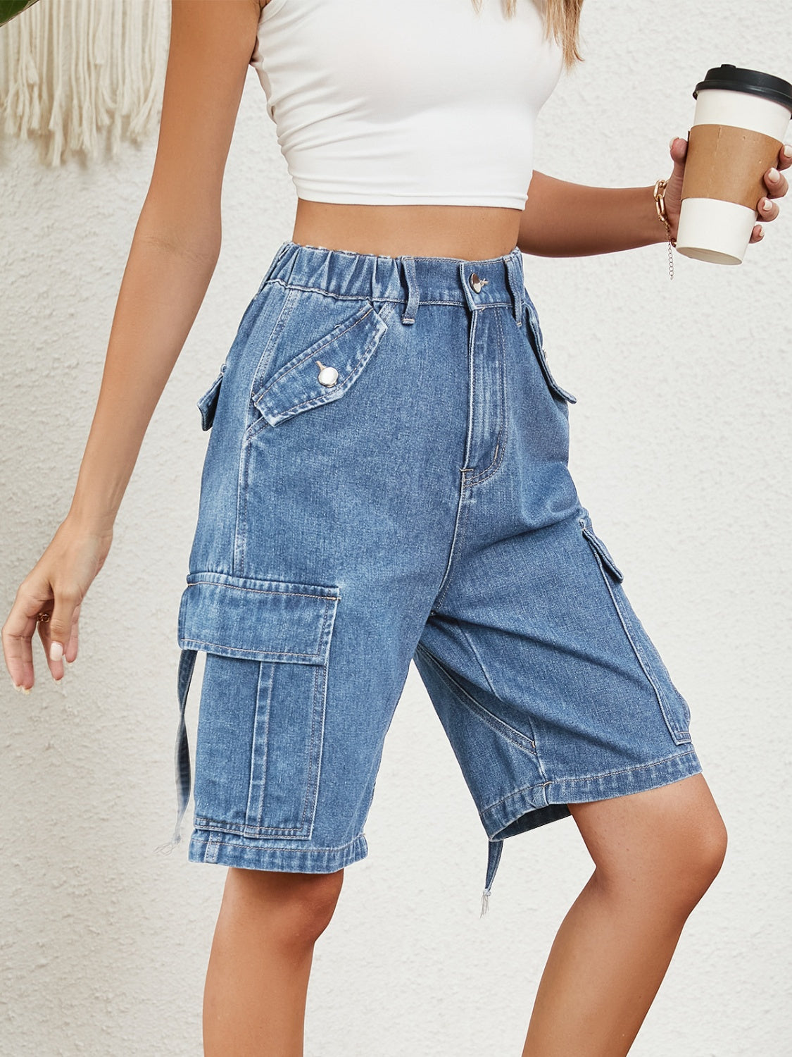 High Waist Denim Shorts with Pockets - FASHIONNOUVELLE