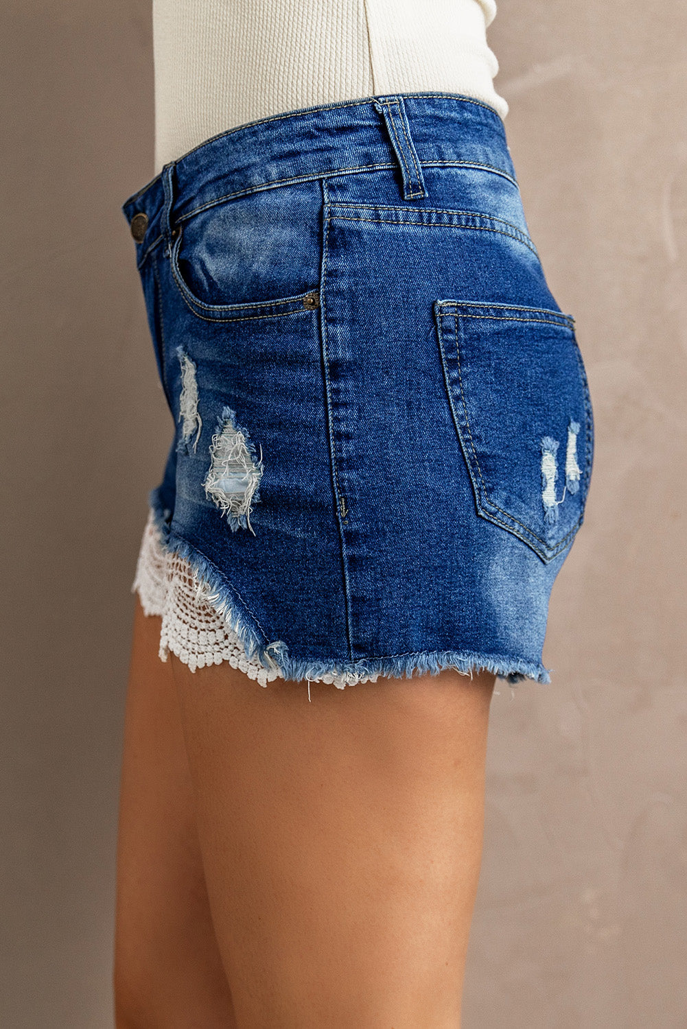 Spliced Lace Distressed Denim Shorts - FASHIONNOUVELLE