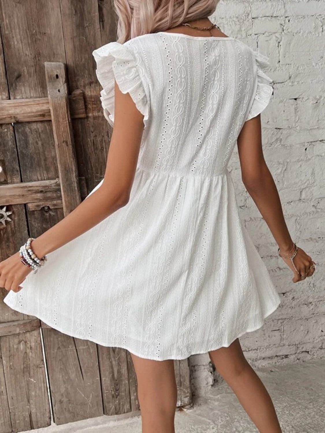 Eyelet Ruffled Cap Sleeve Mini Dress - FASHIONNOUVELLE