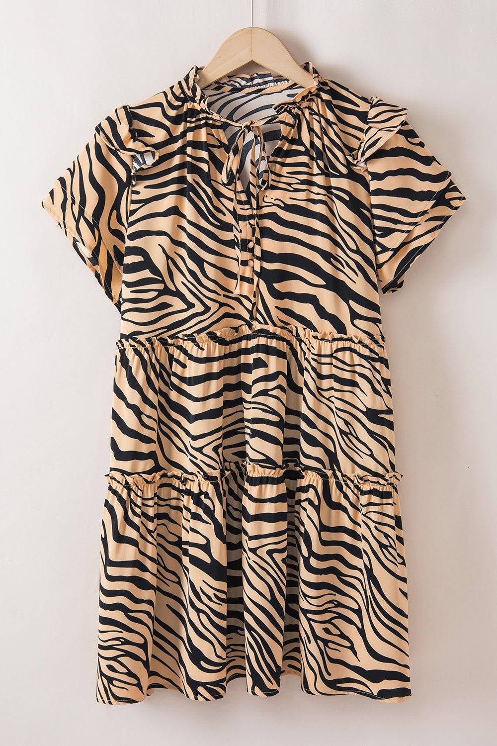 Ruffled Animal Print Tie Neck Mini Dress - FASHIONNOUVELLE