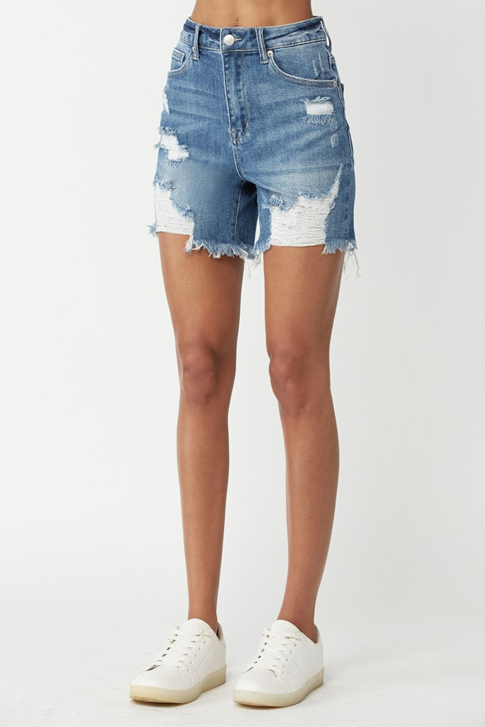 RISEN High Waisted Distressed Denim Shorts - FASHIONNOUVELLE