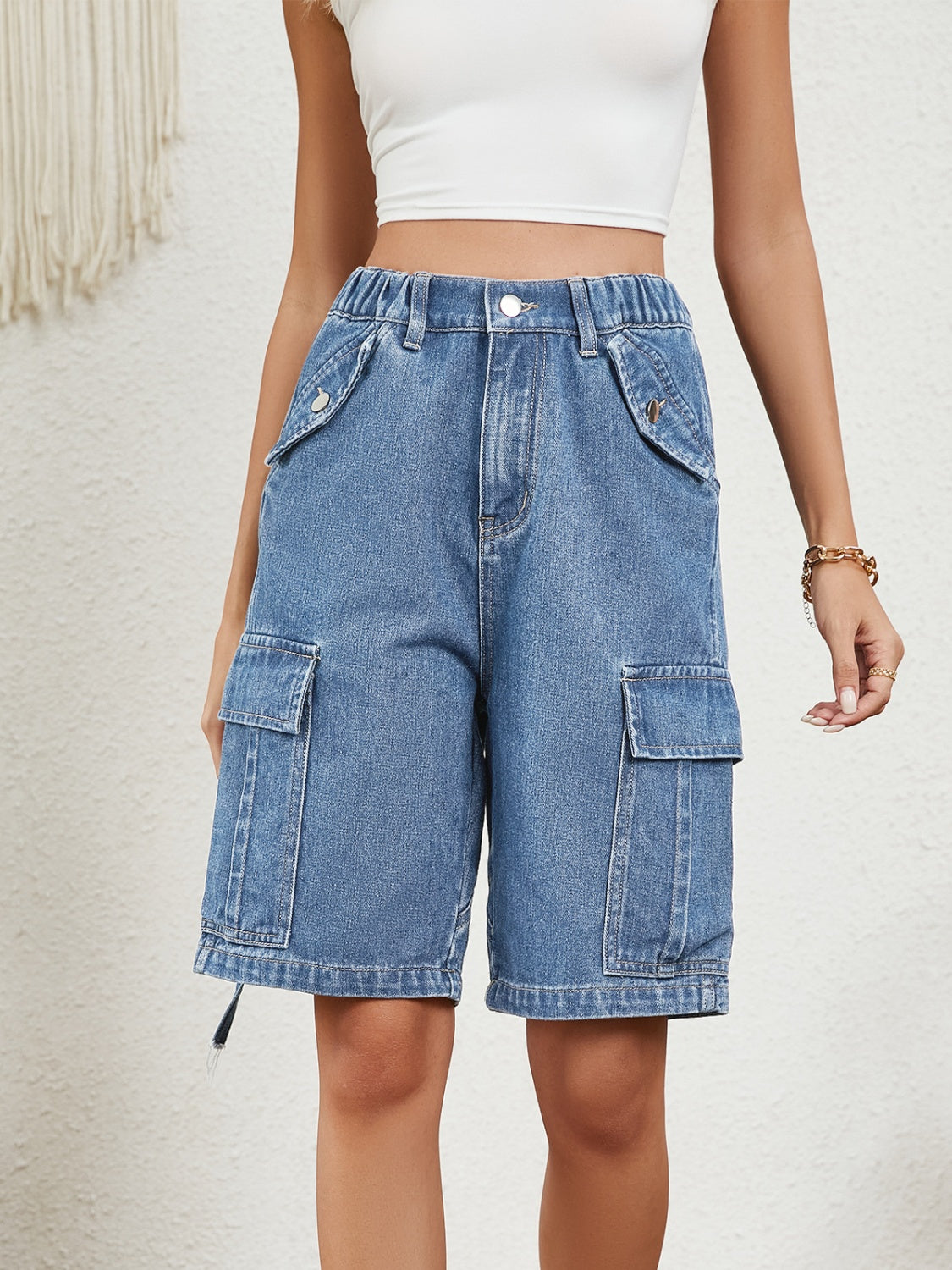 High Waist Denim Shorts with Pockets - FASHIONNOUVELLE